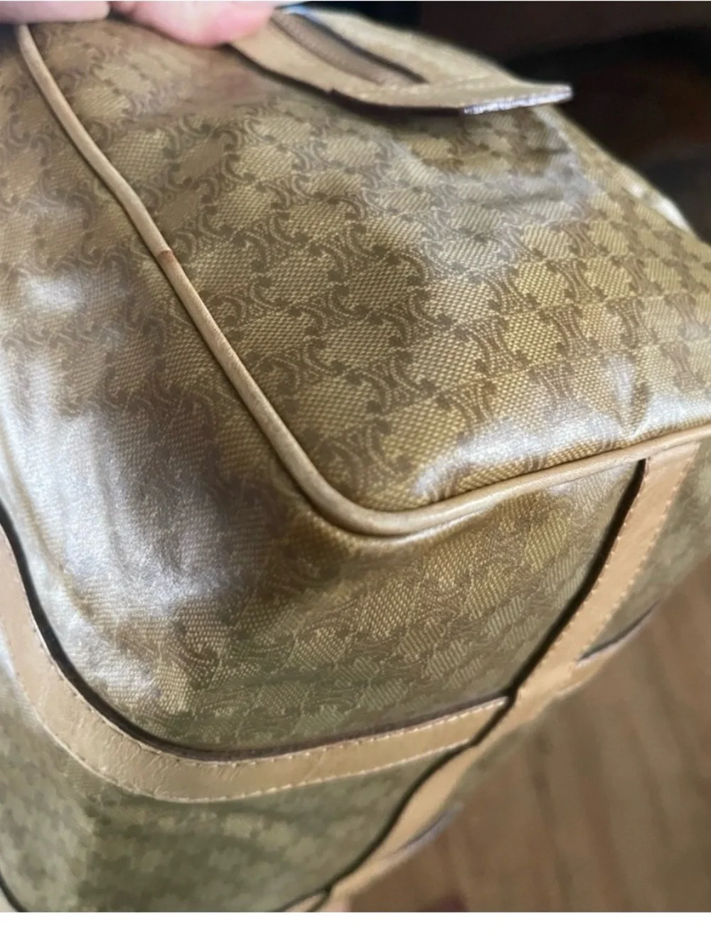 Celine Vintage Macadam canvas with Tan Leather trim Boston /Logo-